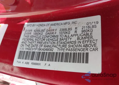 2019 Honda Accord Lx z USA, uszkodzony, nr VIN 1HGCV1F16KA049092